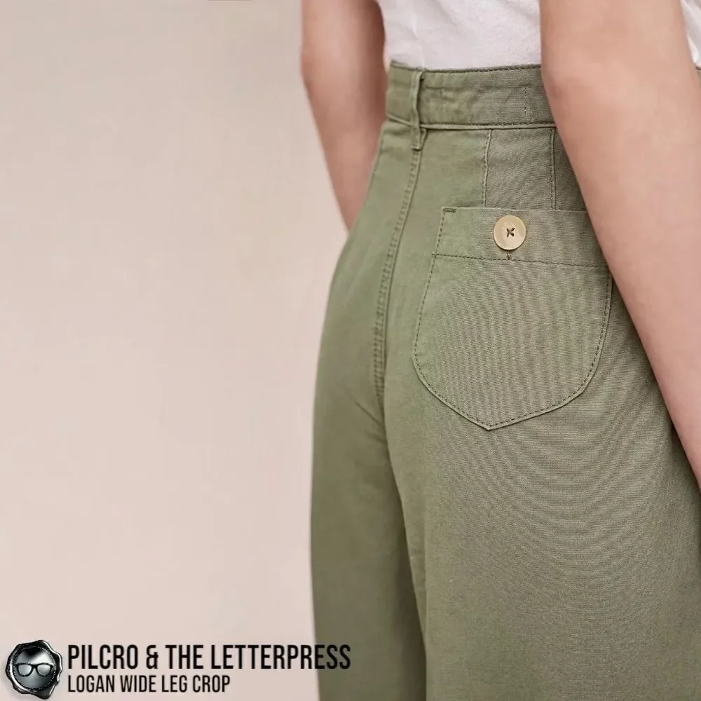 ANTHROPOLOGIE PILCRO & THE LETTERPRESS LOGAN WIDE LEG CROP PANTS IN OLIVE GREEN